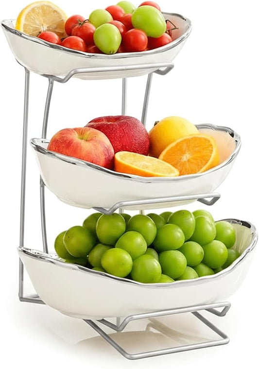 Gold Silver Fruit Bowl with Metal Stand, 3 Tier Ceramic White Fruit Bowl Fruit Rack for Kitchen Counter, Tiered Fruit Basket for Snacks Bread Candy Storage (White B (Smooth Surface)) by MEIGLQEA