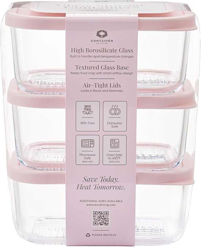 Glass Food Storage Containers with Lids — 6 Piece — 24.4 oz Glass with BPA-Free Leakproof Stackable Lids — Microwave, Oven & Dishwasher Safe — Ideal for Meal Prep & More - Berry Blush - Image 2