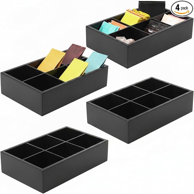 Maitys 4 Pcs Wooden Divided Storage Organizer Wood Container with 6 Compartments Food Storage Bin Wooden Tea Drawer Box Bin Holder Case for Snacks Tea Bags Coffee Sugar by Maitys