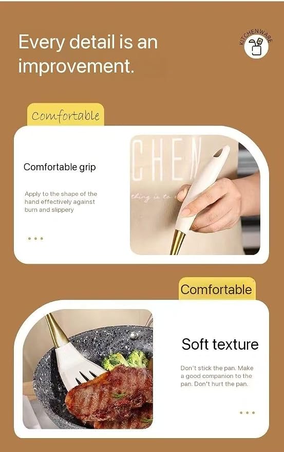8-Piece Silicone Kitchen Utensil Set, White and Gold, Heat Resistant Cooking Tools with Comfort Handles- Includes Spatula & Spoon for Nonstick Cookware (Elegant White & Gold) - Image 5