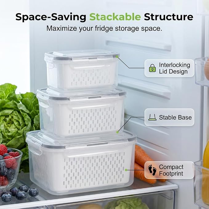 Fruit Storage Containers with Removable Colander (Blue 6PCS, Medium) | Leakproof Produce Containers for Fridge, Produce Storage Containers, Fridge Organizers and Storage for Fruit, Vegetables - Image 5