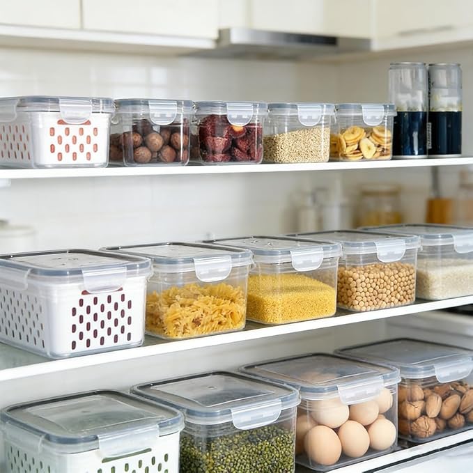 4 In 1 Food Storage Containers, Produce Storage Containers for Fridge, Fruit Storage Containers with Colander, Leakproof Fridge Organizer Bins for Salad Berry Vegetables Meat Keeper Fresh (S+M+L) - Image 6