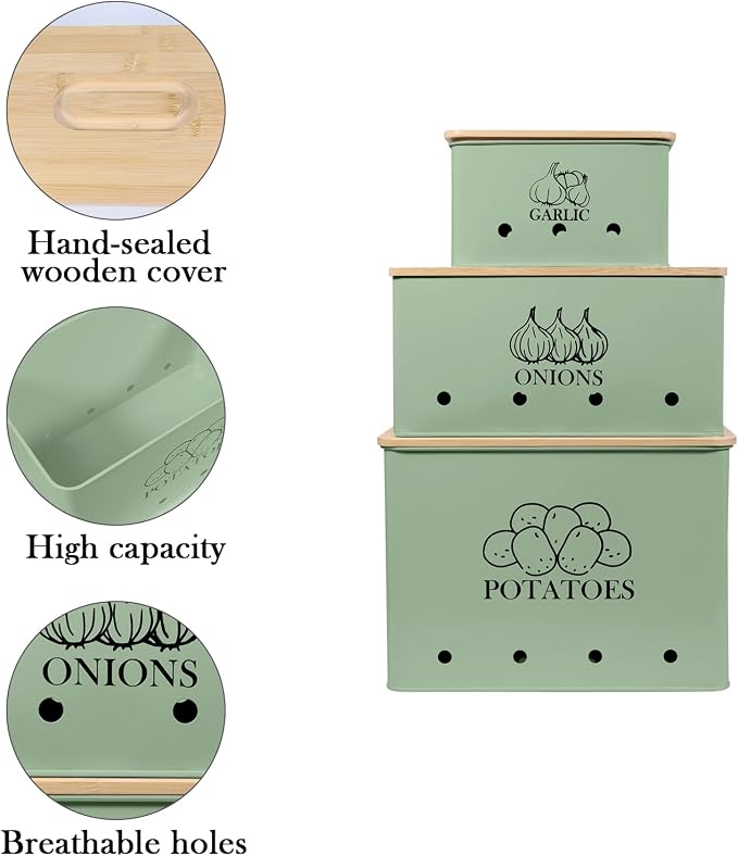 Kitchen Vegetable Storage Tins Set of 3 for Potato Onion & Garlic with Wooden Lid and Aerating Holes, Kitchen Storage Canisters Set, Vintage Kitchen Decor - Green - Image 2