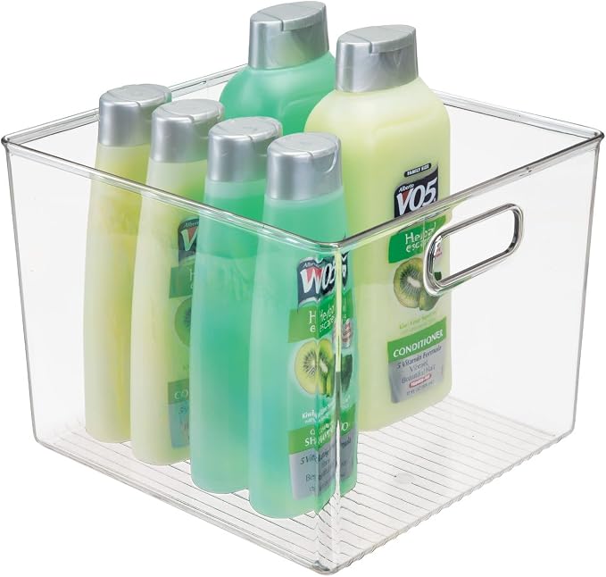 mDesign Plastic Modern Storage Organizer Bin Basket with Handles for Bathroom Organization - Shelf, Cubby, Cabinet, Vanity, and Closet Organizing Decor - Ligne Collection - Clear by mDesign