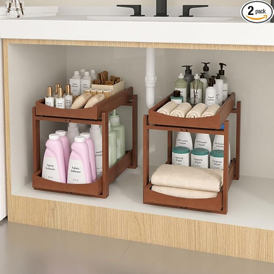 MHXW SXPN Bamboo Under Sink Organizer, 2 Pack Pull Out Cabinet Organizer | 2 Tier Vertical Smooth Slide Out Undersink Storage Shelf | Multi-Purpose Organizer Shelves for Kitchen Bathroom Medicine by MHXWSXPN