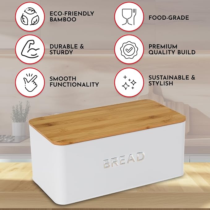 Bread Box for Kitchen Countertop, Homemade Bread - Bamboo Cutting Board Lid | Large Bread Box for Homemade Bread - Storage Bread Box with Cutting Board Lid - Image 4