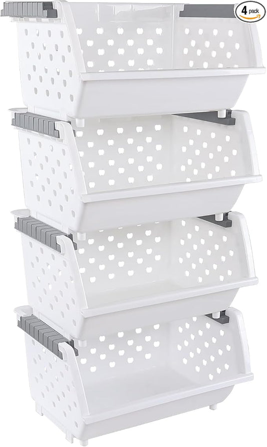 Set of 4 Plastic Stackable Storage Baskets | Stackable Organizer Bins for Kitchen, Pantry and Bathroom, White by Lasbily