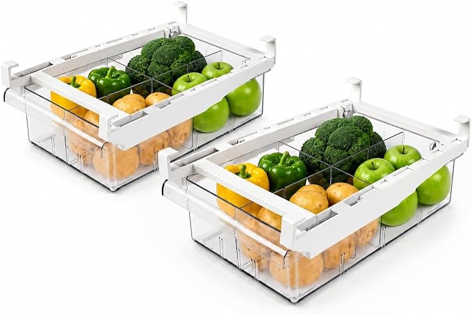 2 Pack Fridge Drawer Organizer Pull-Out Under Shelf Storage Bin | BPA-Free Clear Space-Saving Storage by spaceheater