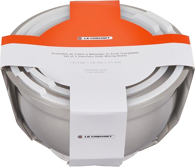 Le Creuset Stainless Steel Nested Mixing Bowls with Plastic Lids, Set of 3 | Set of 3: 1.5 qt., 3 qt., and 5qt., Non-Slip Silicone Base - Image 5