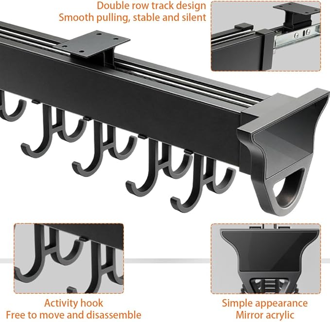 22" Hanging Pot Racks for Kitchen, Pull Out Pot Organizer Rack | with 16 Hook, Pot and Pan Organizer for Under Cabinet, Metal Pot and Pan Hanging Rack, Aluminum Alloy Full-Extension Rail - Image 5