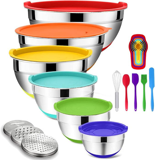 Rottay 20PCS Stainless Steel Mixing Bowls with Airtight Lids Set | Includes 3 Grater Attachments and Non-Slip Bottoms with Size 7, 4, 3, 2, 1.5, 1QT Nesting Bowls for Baking, Meal Prep by Rottay