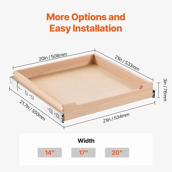 VEVOR Pull Out Cabinet Organizer, 20"W x 21"D Cabinet Drawer, Soft Close Slide out Shelf, Heavy-Duty Sliding Wood Drawer, Bottom Mount Size（20.5"W x 23"D）and Side Mount Size（21"W x 23"D） - Image 7