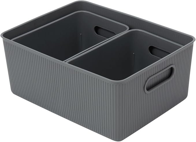 Superio Ribbed Collection - Decorative Plastic Basket Open Home Storage Bins Organizer, Grey (Set of 3) 1 Large, 2 Medium - Container Boxes for Organizing Closet Storage Bins for Shelves Drawer Shelf - Image 6