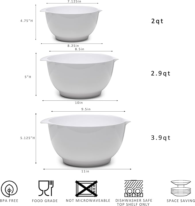 Nesting Mixing Bowls Set, 3 Piece Melamine Bowls Set, 2.5 quart, 3.5 quart, 4.5 quart, Non Slip Base with Easy Pour Spout, Kitchen Cooking and Baking Supplies, White - Image 6