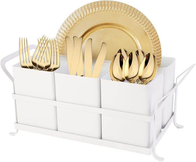 Silverware Caddy Metal Utensil Holder for Party Countertop Silverware Utensil Caddy Cutlery Flatware Organizer for Spoons Forks Plates Napkins White by Unknown