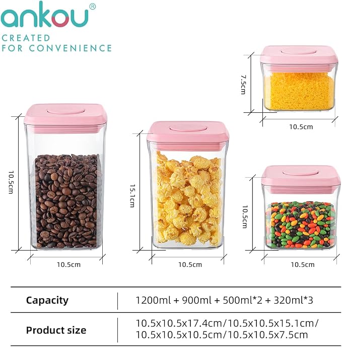 Airtight Food Storage Container - 7 Pcs One Button Handy Container Stackable Food Containers for Snacks Candy Salt Herbs Spices Coffee Bean Formula Popcorn BPA-Free Tight Seal - Image 6