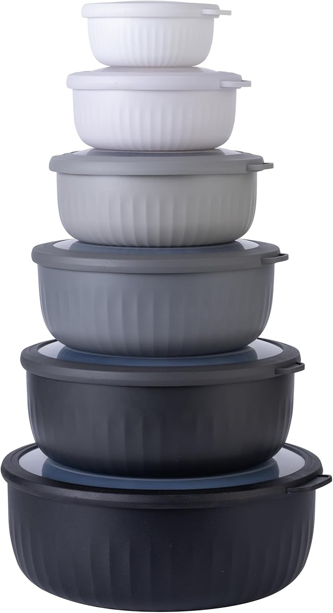 COOK WITH COLOR Prep Bowls with Lids- Wide and Deep Nesting Plastic Small Mixing Bowl Set with Lids, 12 Piece Set - Wide Bowls, Black/White by CookwithColor