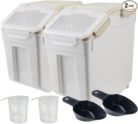 Saim 2 Pack 50lb Flour & Rice Storage Container Bin,Rice Dispenser (Grey) | BPA free plastic with seal lid, rolling wheels and measuring scoop for rice, flour, cereal and grain one-hand scooping by Saim