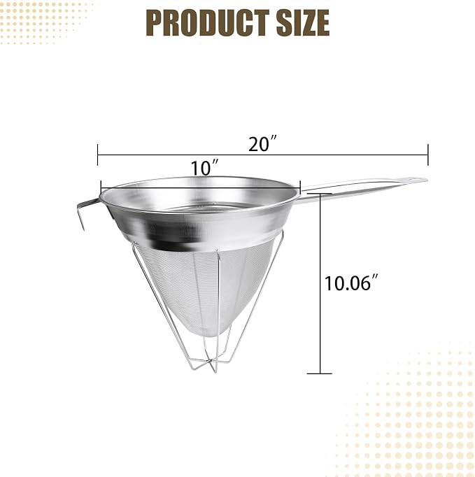 10" Chinois Strainer,18/8 Stainless Steel Conical Fine Mesh Bouillon Sieve | Heavy Duty China Cap Strainers with Stand for Sauces Soups Broth Purees Jam - Image 2