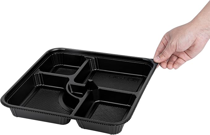 Restaurantware-Bento Tek 39.6 Ounce Meal Prep Containers, 100 Disposable To Go Food Boxes - Lids Sold Separately, 5 Compartments, Black Plastic Bento Lunch Boxes, Microwavable, Freezable - Image 7