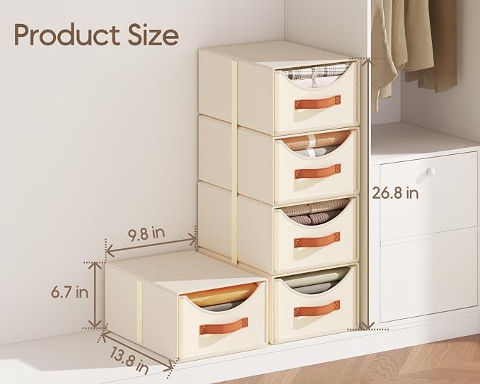 Stackable Storage Drawers - Collapsible Storage Bins with Drawers, 4 Pack Closet Shelf Organizer Basket, Fabric Pull Out Organizer for Bedroom, Living Room, Dorm, Beige - Image 3