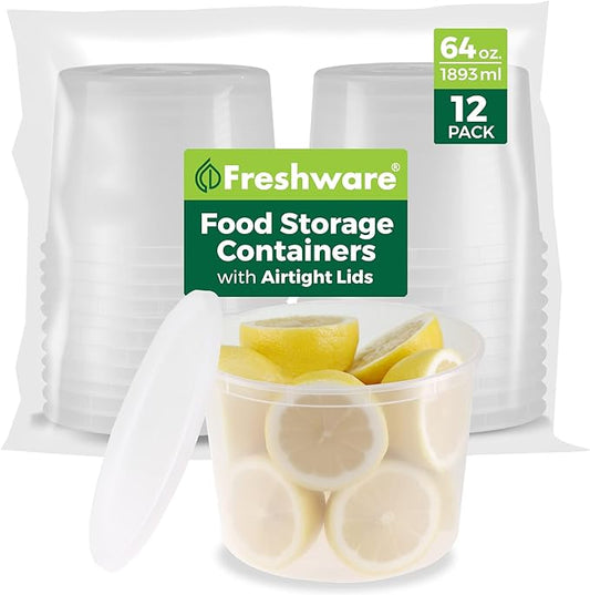 Freshware [12 Pack, 64 oz] 1/2 Gallon Plastic Deli Food Storage Soup Containers With Airtight Lids, Slime Containers, Freezer Safe | Meal Prep | Stackable | Leakproof | BPA Free, Clear by Freshware