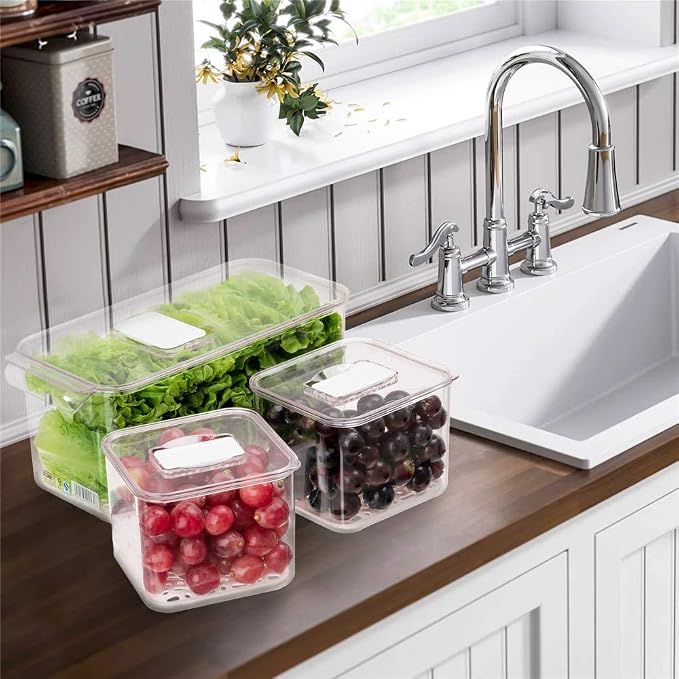 Slideep Fridge Produce Saver Food Storage Bin Containers, Stackable Refrigerator Freezer Organizer Bins with Removable Drain Tray, Fridge Fresh Keeper for Veggie, Berry, Fruits, Vegetables 6 Pack - Image 2
