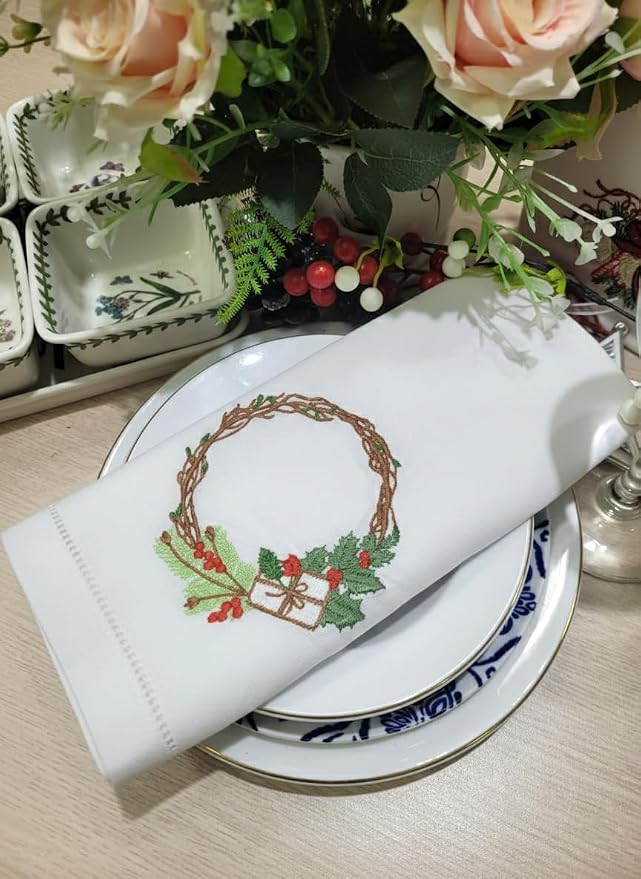 – Embroidered Cloth Napkin Holly Christmas Wreath & Gift Box Cotton Napkins Set of 6, 20 x 20”, Hemstitch Table Napkins, Machine Washable, Daily & Holidays, Great Gift Ideas - Image 4