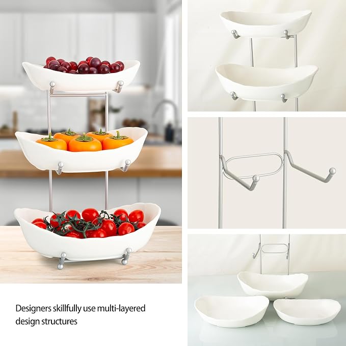 Ceramic Fruit Bowl for Kitchen Counter, 3 Tier Ceramic Serving Bowls with Metal Stand, Fruit Basket Stand Fruit Serving Tray Set for Vegetable Storage, Candy Snack Dessert Cake (White) - Image 5