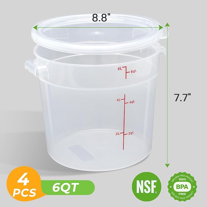 BIEAMA 4 Pack 6 Qt Round Food Storage Containers with Lids, Translucent PP | Include lids, labels, measuring cups and containers with capacity markings for food prep, pantry storage and dough proofing. - Image 2