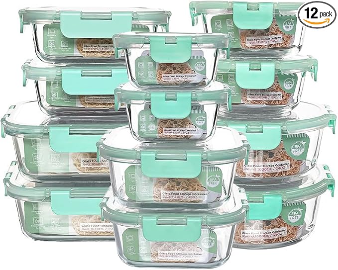 12 Pack Glass Storage Containers Transparent, Stackable Design Meal Prep Containers for Food Storage, Home, Kitchen & Pantry Organization, Microwave/Freezer/Dishwasher Safe by MakingLifeMuchFuller