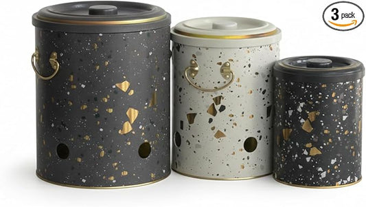 MARIA ROMA Metal Potato and Onion Storage Bin Set of 3 with Garlic Keeper - Vintage Metal Kitchen Canisters, Vegetable Storage Containers - Farmhouse Rustic Pantry Organization by MARIAROMA