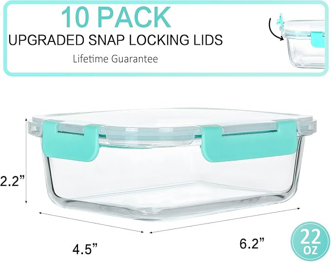 M MCIRCO 10 Pack,22 oz Glass Food Storage Containers with lids, Green | Glass Meal Prep Containers,Airtight Lunch Containers with Lids, Microwave, Oven, Freezer and Dishwasher Friendly, BPA Free - Image 2