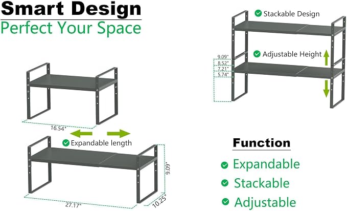 Jojocross Expandable Stackable Spice Rack Cabinet Shelf Organizer in Cabinets Shelves Kitchen Cupboard Organization Stack up Racks Pantry Countertop Storage (Gun-Gray, Large 3 Packs G) - Image 3