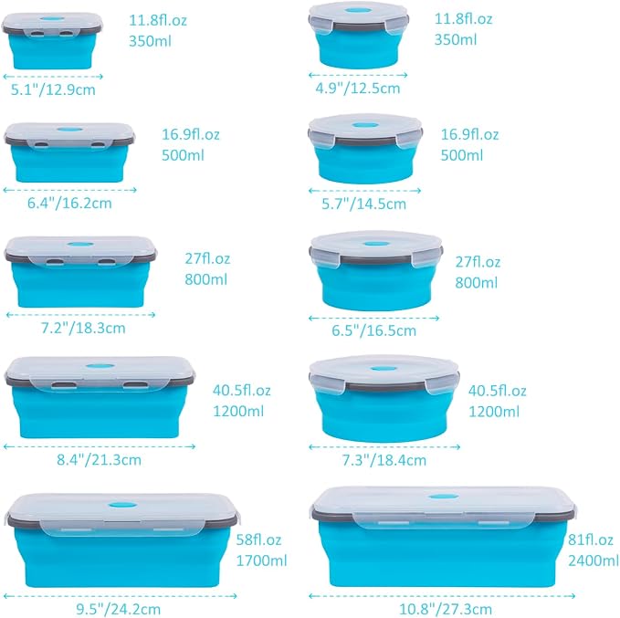 Collapsible Food Storage Containers with Lids 10 Pack(81oz/58oz Extra Large Included), 6 Rectangular+4 Round, Annaklin Silicone Collapsible Food Containers Sets Microwave Freezer Dishwasher Safe, Blue - Image 6