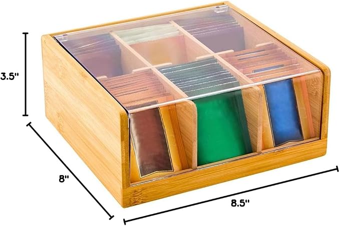 Restaurantware-8.5 x 8 x 3.5 Inch Tea Box Organizer, 1 Sustainable Tea Box Container - 6 Compartments, With Plastic Cover, Bamboo Tea Bag Organizer Storage Box, Durable, For Countertops And Cabinets - Image 4