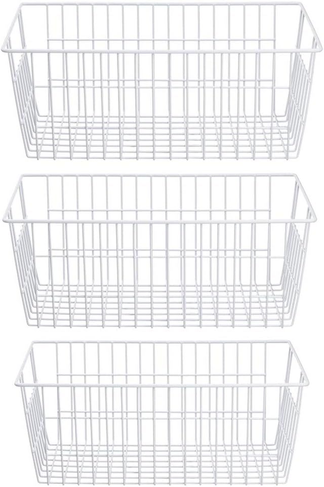 SANNO Freezer Baskets Wire Storage Baskets Closet Storage Baskets Bins Refrigerator Storage Containers for Home Office, Bathroom, Pantry Organization Storage Bins -Set of 3, White, 15.7" by SANNO