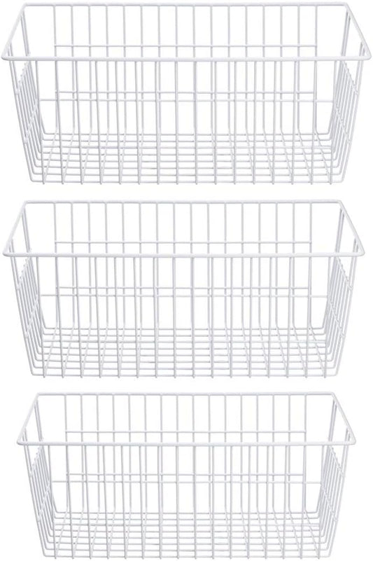 SANNO Freezer Baskets Wire Storage Baskets Closet Storage Baskets Bins Refrigerator Storage Containers for Home Office, Bathroom, Pantry Organization Storage Bins -Set of 3, White, 15.7" by SANNO