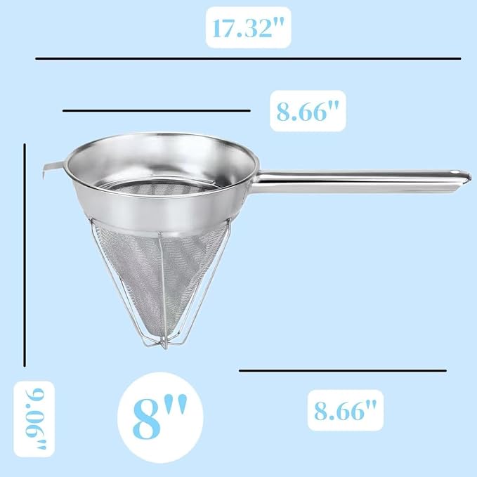 8-Inch Stainless Steel Fine Mesh Chinois Strainer | Large Strainer Reinforced Bouillon Strainer for Sauces, Soups, Purees, Pastes, Jelly, Custard, Curds and etc. - Image 2