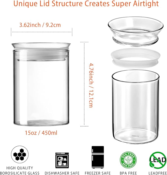 ZENS 15oz Glass Jars with Airtight Lid, Set of 2 Small Glass Storage Jars | Thick Borosilicate Clear Kitchen Canisters for Herbs, Sugar, Loose Tea Glass Storage Jars - Image 4