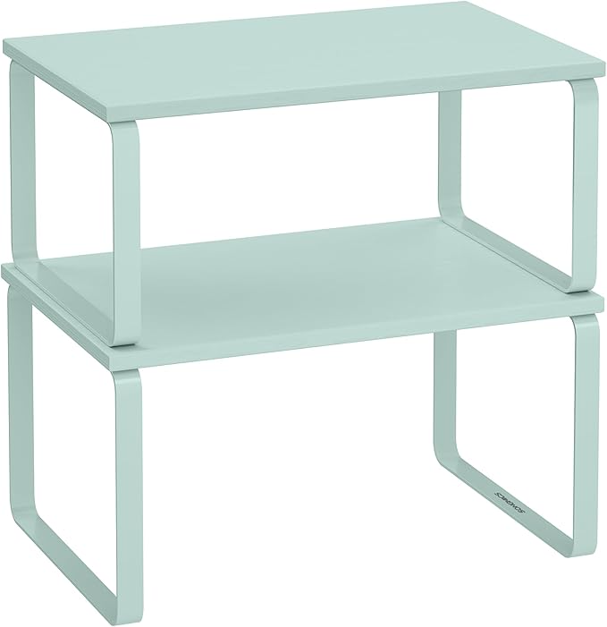 SONGMICS Cabinet Organizer Shelf, Set of 2 Kitchen Counter Shelves, Kitchen Storage, Spice Rack, Stackable, Expandable, Metal and Engineered Wood, 11.7 Inches, Moonlight Green UKCS002C01 by Unknown