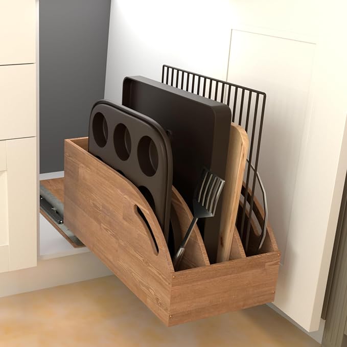 DINDON Pull Out Cabinet Organizer for Pans, Pot lid, Cookie Sheet, Cutting Board, Baking Tray, Slide Out Kitchen Cabinet Storage Organizer, 10.5''W X 21"D X 10.6"H, Wood - Image 3