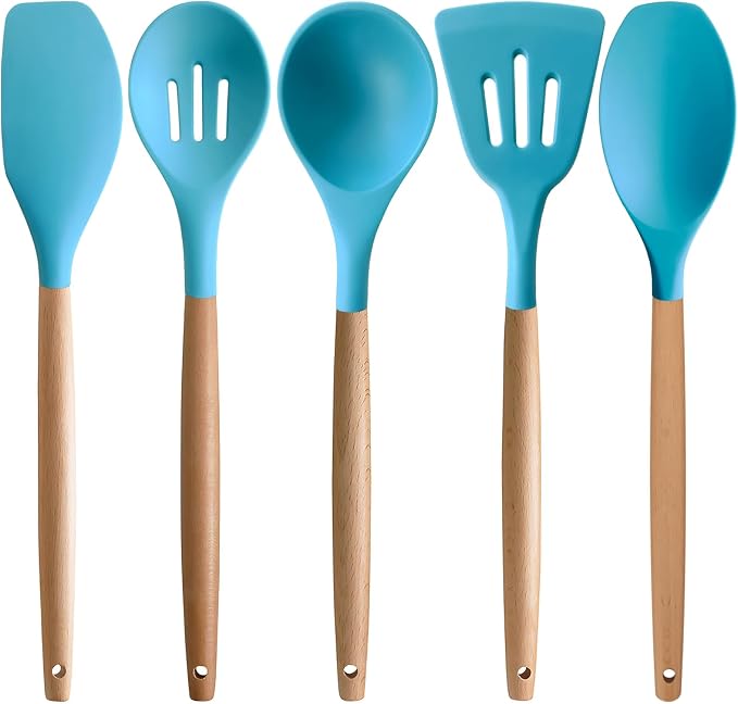 Silicone Kitchen Cooking Utensils Set, 5-Piece Non-Stick Silicone Kitchen Utensils Spatula Serving Spoons Turner Ladle Set w Wooden Handle Heat Resistant Cooking Gadgets for Nonstick Cookware - Image 9