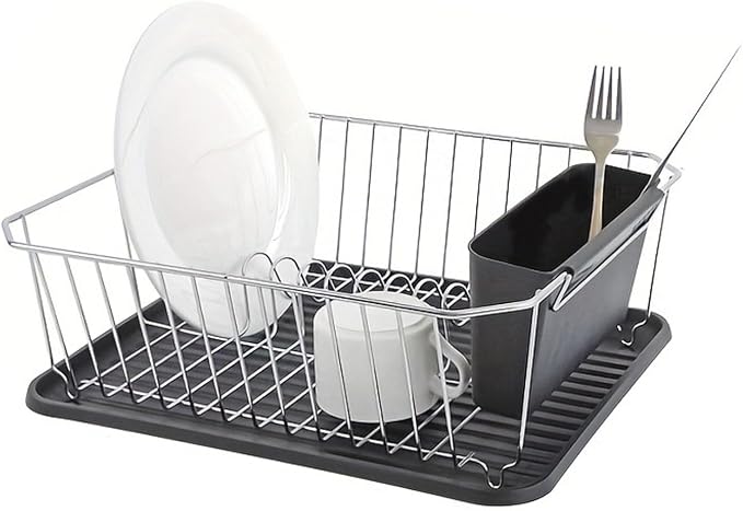 Asixxsix Dish Drying Rack, Anti Rust Coated Dish Drainer with Utensil Holder and Drainboard, Sink Organization and, 14" x 12" x 5" for Home and Apartment Decor (Silver) by Asixxsix