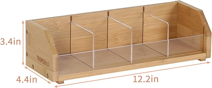 Small Bamboo Tea Bag Organizer, Tea Box Storage Holder, Natural | Holds 60 tea bags, Removable Compartments, Acrylic Dividers, Wood, for Cabinet, Countertop, Office, Drawer, K cups, coffee - Image 7