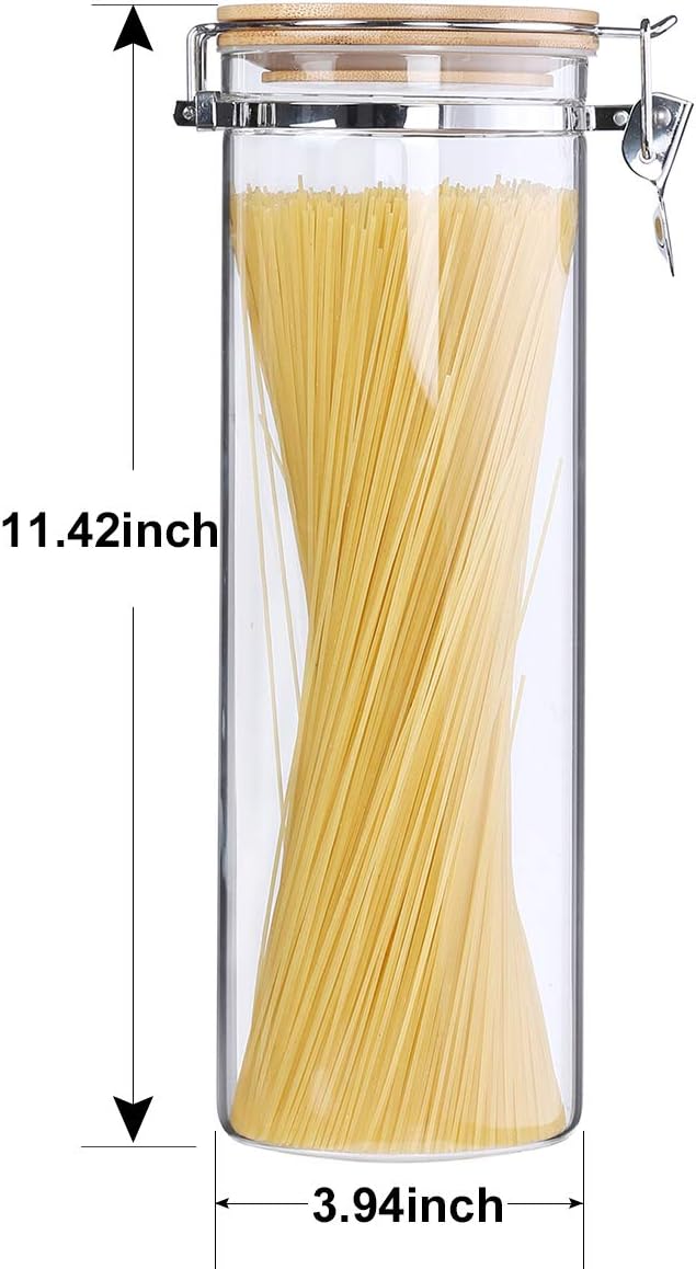 KKC 68oz Glass Spaghetti Container with Airtight Bamboo Clamp Lid - 2000ml Tall Pasta Storage Jar & Long Noodle Holder Keep Fresh Dispenser for Kitchen Pantry Storage Organization - Image 3