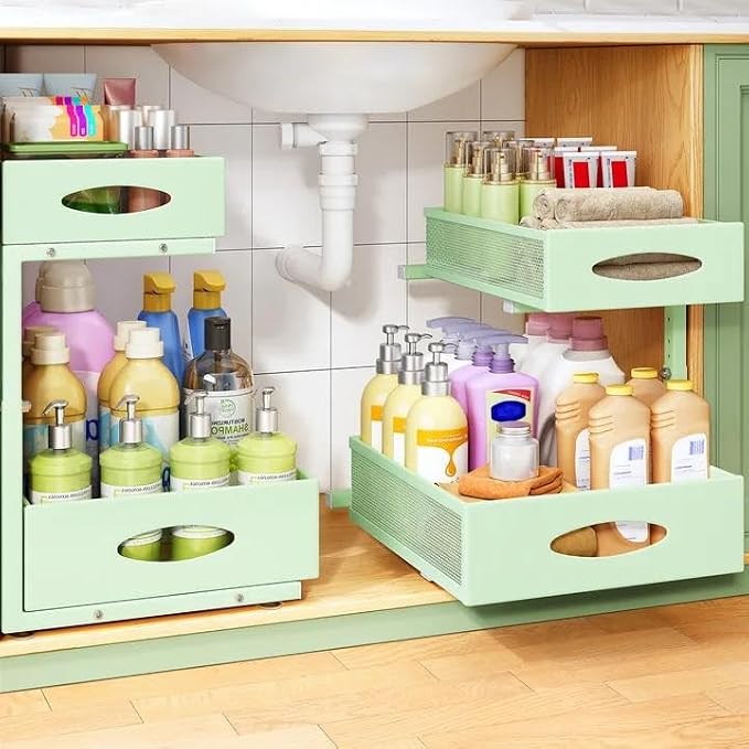Under Sink Organizer, 2-Pack Pull Out Cabinet Organizer 2 Tier Metal Slide Out Storage Shelf Rack, L-Shaped Adjustable Height,Mesh Sliding Drawer for Kitchen, Bathroom, Laundry, Pantry, Green, XL by Kitstorack