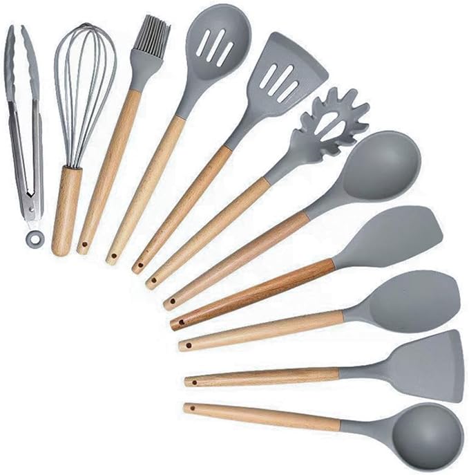 19 Pcs Kitchen Cooking Utensils and Knife Set with Block, Include 11 Pcs Silicone Cooking Utensils Set 5 Pieces Sharp Stainless Steel Chef Knives Scissors Whisk Tongs and Cutting Board (Grey) - Image 3