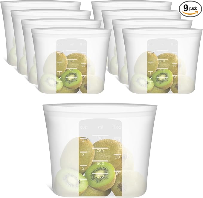 100% Silicone Reusable Storage Bag Quart Size, 9 Pack Stand-Up Wide-Mouth Zip-Lock Food Storage Bags, Easy-Fill Easy-Open Easy-Clean Space-Saving, Microwave & Dishwasher Safe, 34oz, Translucent by Annaklin