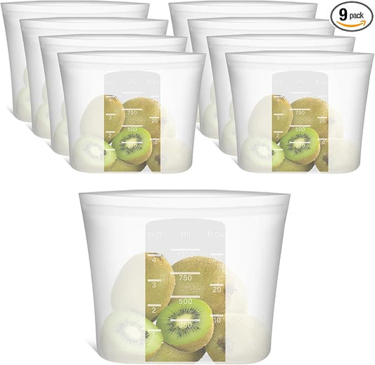 100% Silicone Reusable Storage Bag Quart Size, 9 Pack Stand-Up Wide-Mouth Zip-Lock Food Storage Bags, Easy-Fill Easy-Open Easy-Clean Space-Saving, Microwave & Dishwasher Safe, 34oz, Translucent by Annaklin